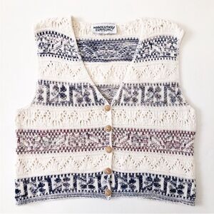 Vintage Crochet Knit Sweater Vest Small Cream Blue Burgundy Cotton